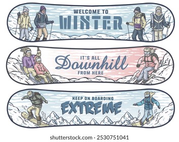 Three snowboard shaped vintage badges feature people enjoying winter sports in a snowy mountain landscape. Winter poster or sign