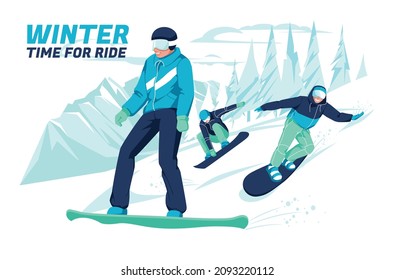Three snowboarders at the lift. Winter extreme sports. Mountain landscape. Active lifestyle. Flat vector illustration.