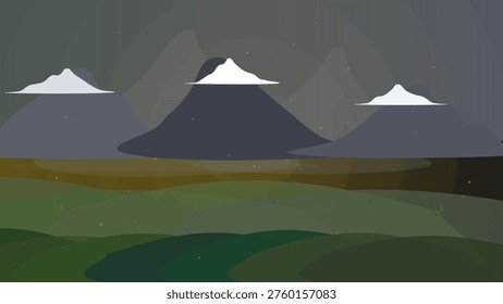 Three snow-capped mountains under a starry night sky with a gradient of dark blue and green hues in a digital illustration