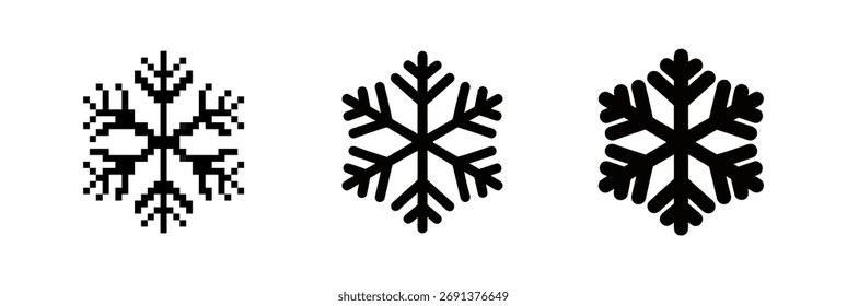 Three snowflake glyphs show pixelated and smooth designs in black and white