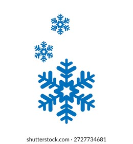 Tres copos de nieve son azules sobre un fondo blanco,