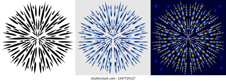 Three snowflakes on a white, gray and dark blue background. A set of elements to create a winter design. Stylized snowflake with sharp ends.