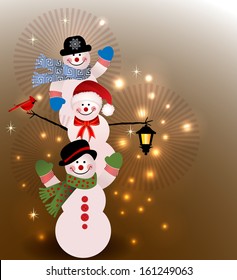 Tres Snowman - Linterna de la noche de Navidad - en capas 