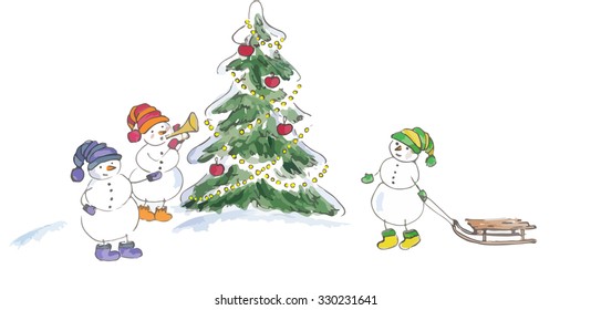 Three snowmen around the Christmas tree