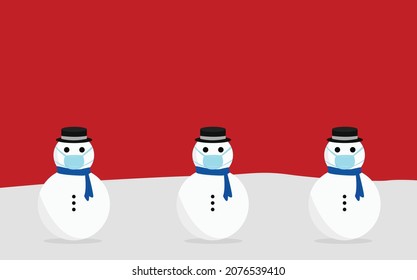 three snowmen in black hat and blue scarf with separate masks on snow in red background