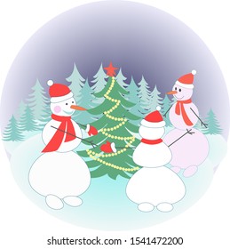 three snowmen in a clearing lead a dance around the Christmas tree