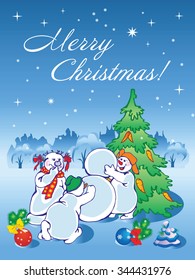 Three snowmen create a new friend in the night forest. Blue background
