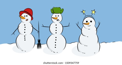 Three snowmen in different hats with carrot noses. Snowmen in funny hats.