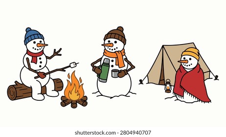 Three snowmen enjoying camping activities with fire thermos lantern and tent in whimsical winter outdoor scene