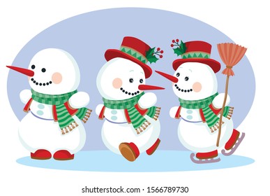 three snowmen in green scarves and red top hats with a broom rejoice that the New Year holiday is coming soon,