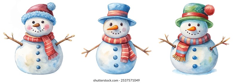 Three snowmen with hats and scarves are standing in a row. The snowmen are smiling and seem to be enjoying the winter season