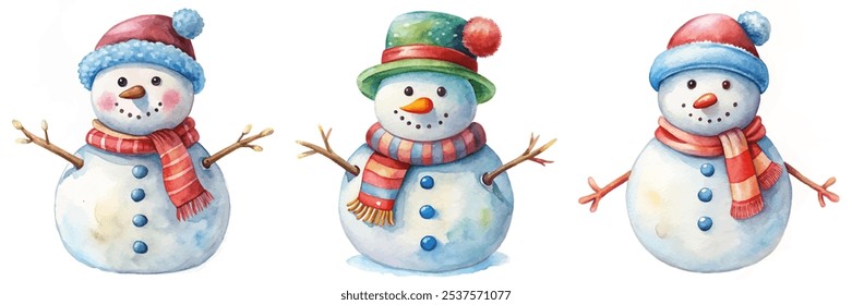 Three snowmen with hats and scarves are standing next to each other. They are all smiling and seem to be enjoying the winter season