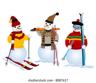 Three snowmen on skiing