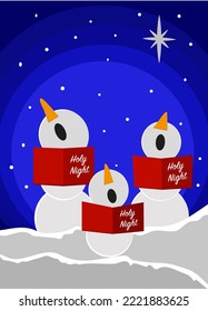 three snowmen singing during the night in a christmas time