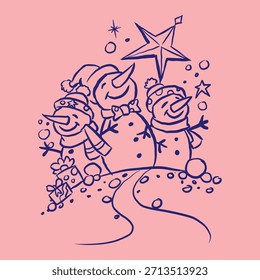 Três bonecos de neve com o vetor de estrela para cartão, decoração, ilustração