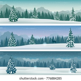 Three snowy landscapes banner with wild nature, mountains and snow trees. Winter holidays. Vector illustration