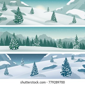Three snowy landscapes banner with wild nature, mountains and snow trees. Winter holidays. Vector  illustration