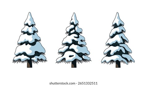Three snowy pine trees in a winter wonderland scene beautifully decorated