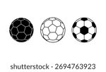 Three soccer balls in different styles on white background
