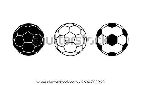 Three soccer balls in different styles on white background