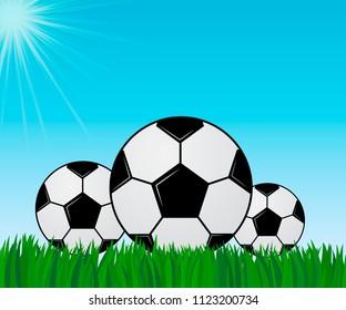 Three soccer balls on the green grass. Blue sky and sun. Football competitions concept. Sport vector illustration. Summer sunny day. Healthy life and activities. 