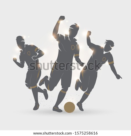 Three soccer player team celebrating on gray bacground