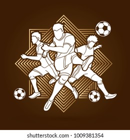 Three Soccer player team composition designed on line square background graphic vector.