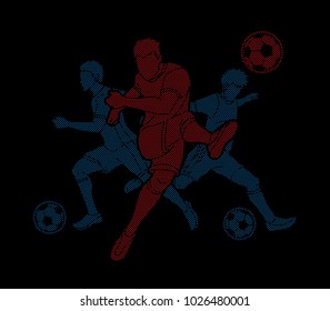 Three Soccer player team composition designed using dots pixels graphic vector.
