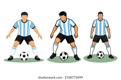 Three soccer players in blue and white uniforms