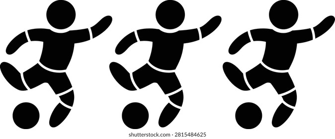 Three soccer players juggling ball in mid air
