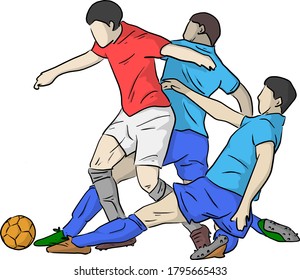 Three soccer players playing soccer sport vector illustration sketch doodle hand drawn with black lines isolated on white background