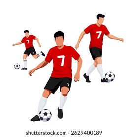 Three soccer players in red jerseys with the number 7 and black shorts are shown in dynamic poses with soccer balls