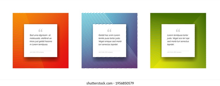 Three Social media design quote layout template. Square qotation presentations with colorful pattern frame and white content placeholder for your text. Minialistic designed quote motton templates