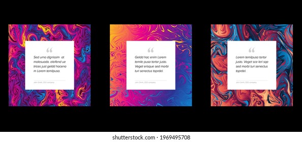 Three Social media design quote layout template. Square qotation presentations with colorful pattern frame and white content placeholder for your text. Minialistic designed quote motto templates