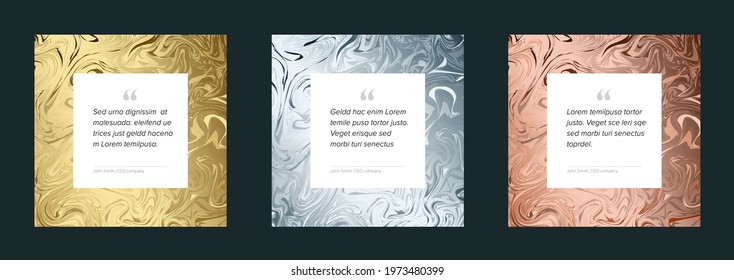 Three Social media design quote layout template. Square qotation presentations with metallic golden silver and bronze pattern frames and white content placeholder for your text. 