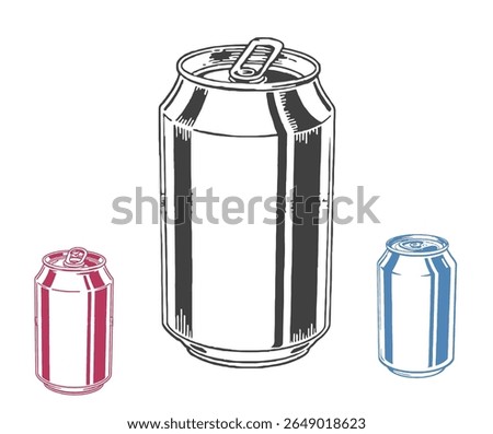 Three soda cans are hand drawn in black, red, and blue colors on a white background.