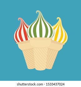 Three soft ice cream corn in different color on blue isolated background.