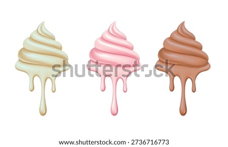Three soft serve ice cream swirls in vanilla pink and chocolate flavors dripping