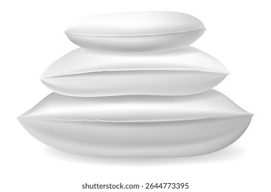 Three soft white pillows are stacked on top of each other, creating a pyramid shape that evokes comfort and relaxation, perfect for a good night's sleep