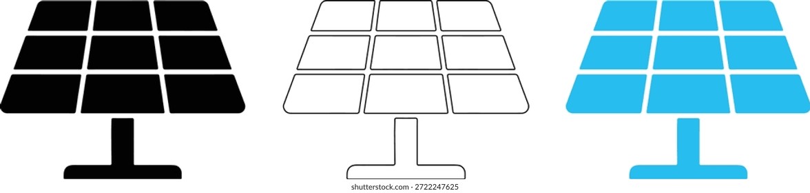 Tres iconos de paneles solares en blanco y azul negro aislados sobre un fondo transparente