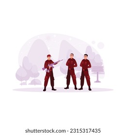 Three soldiers, following military maneuvers, against a shady tree in the background, one carrying a firearm and two with a perfect resting attitude. Trend modern vector flat illustration.