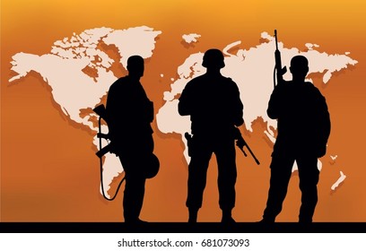 Tres soldados y un mapa del mundo