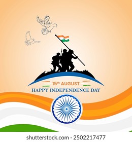 Three soldiers in silhouette carrying a flag on a hilltop doves flying above the soldiers15th AUGUST in the centerHAPPY INDEPENDENCE DAY below the date
The Indian flag with a wavy design Ashoka Chakra