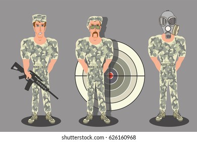 Three Soldiers with a Weapon, a Target and a Mask. Vector Illustration