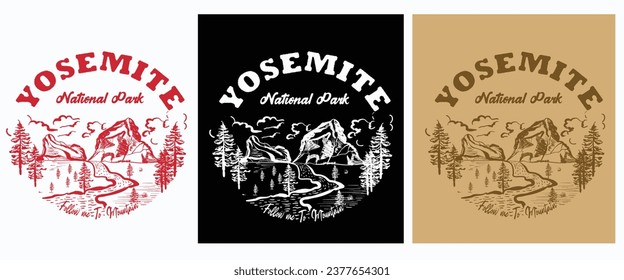 three solid color composition hand drawn mountain at for autumn winter vintage inspiration vector graphic t-shirt print