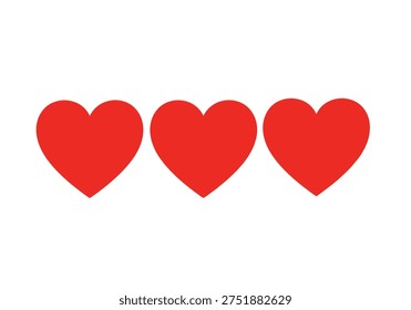 Three solid red heart shapes on a clean white background. Symbolizing love, romance, and affection. Simple design.