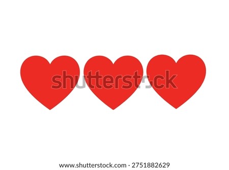 Three solid red heart shapes on a clean white background. Symbolizing love, romance, and affection. Simple design.