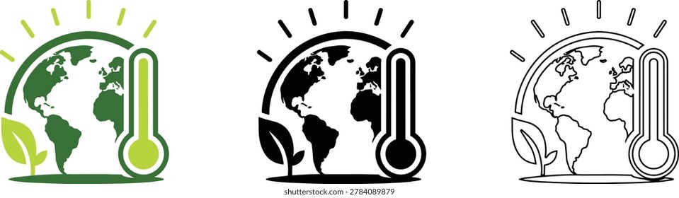 Three solid vector icons illustrating climate change impact and renewable energy solutions. Features solar panel with green leaves, wind turbine with polluted Earth, and thermostat with globe. Ideal for environmental reports, sustainability presentations, and green energy campaigns.