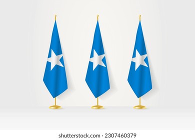 Three Somalia flags in a row on a golden stand, illustration of press conference and other meetings. Vector illustration.