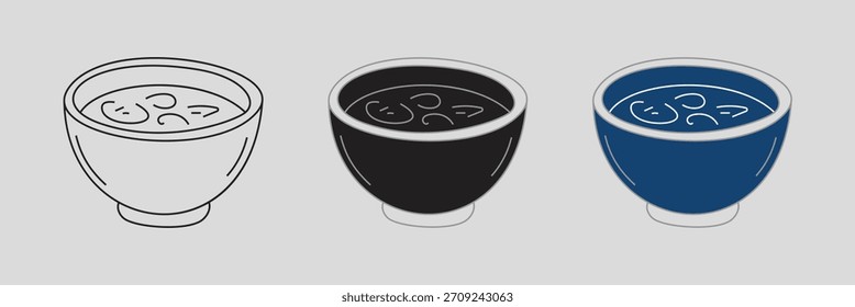 Three soup bowls vector icon set outline black and blue